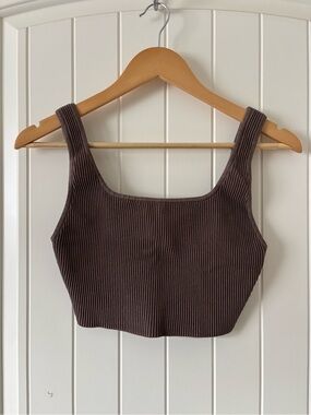 Babaton Aritzia Ribbed Cropped Tank Brown Sz M Stretch Knit Square Neck Minimal